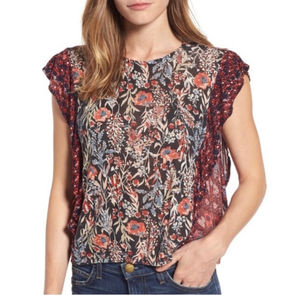 Lucky Brand Mixed Print Floral Ruffled Boho Top Sz L